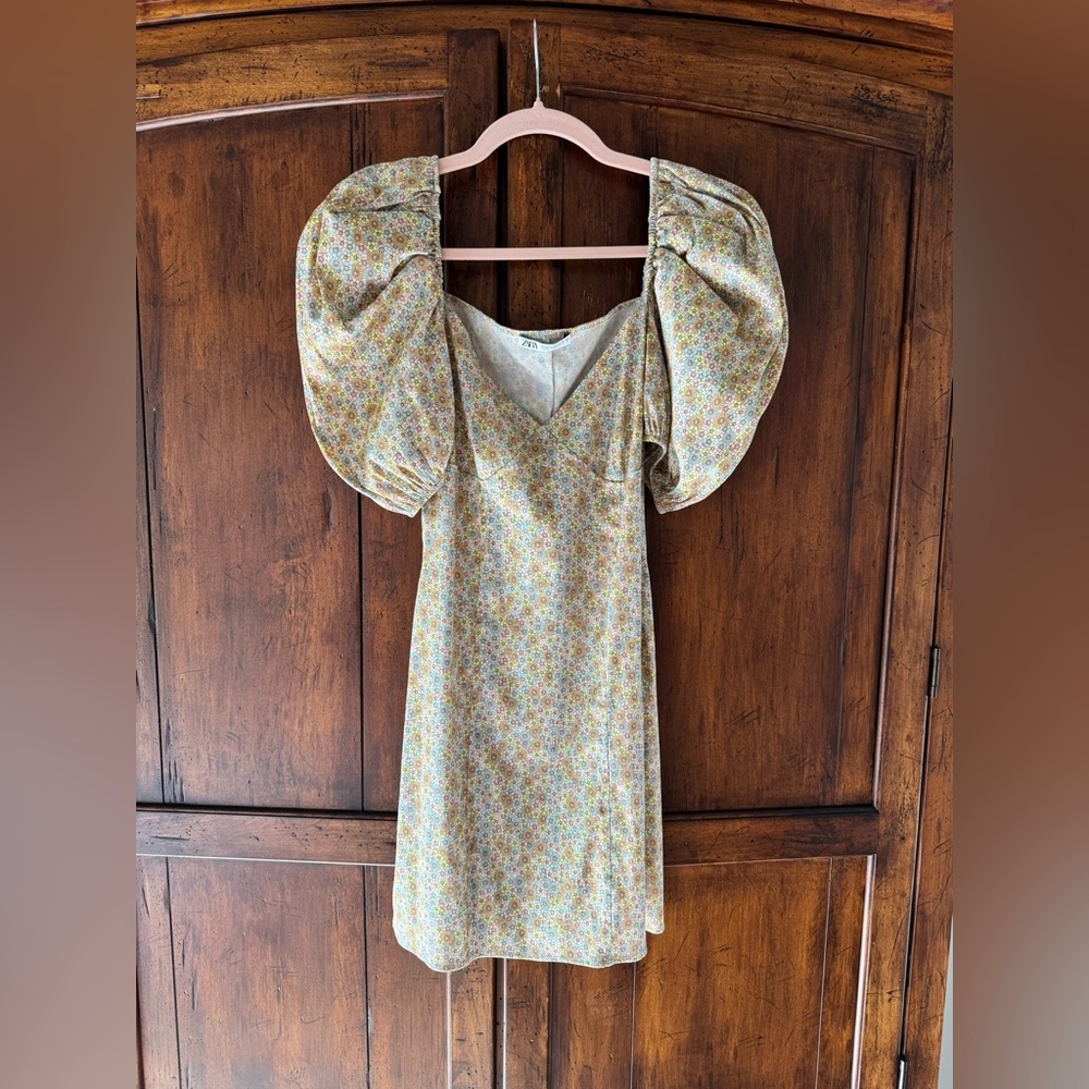 Zara Satin Effect Floral Printed Puff Sleeve Mini Dress Sz Medium - Picture 10 of 12
